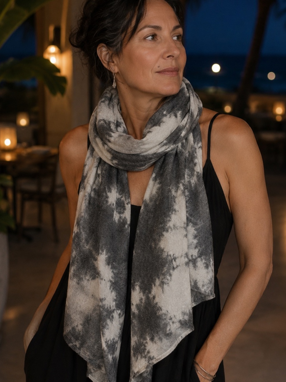 Bryn Walker Linen Blend Scarf Grey Tie Dye Lightweight Made in USA Artisan